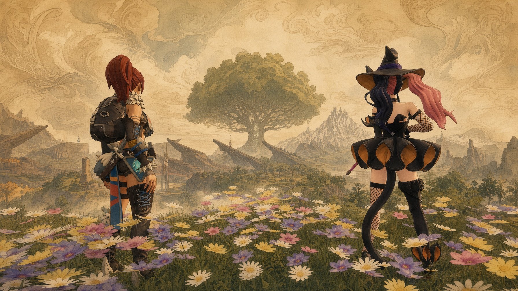 Two survivors standing in a field of flowers, looking towards the World Tree.